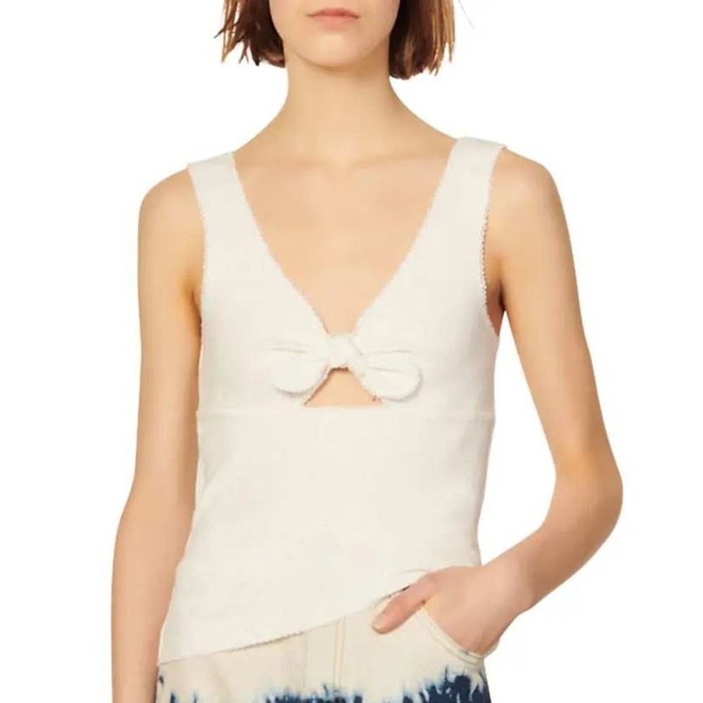 NWT Sandro Tayron Ribbed Knit Bow Cutout Tank Top Ecru White Size 4 Retail $110